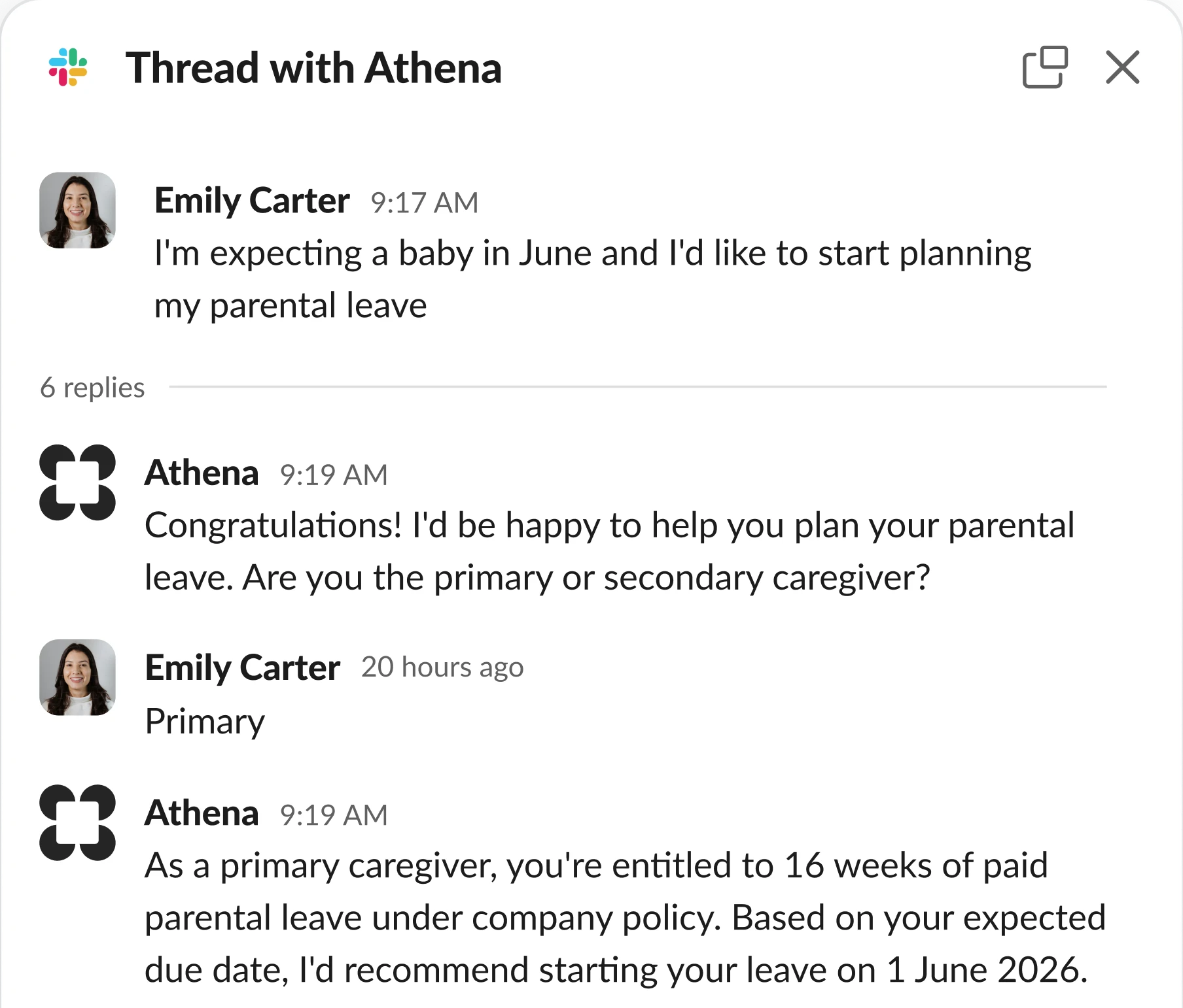 Slack thread showing Athena handling a time-off request