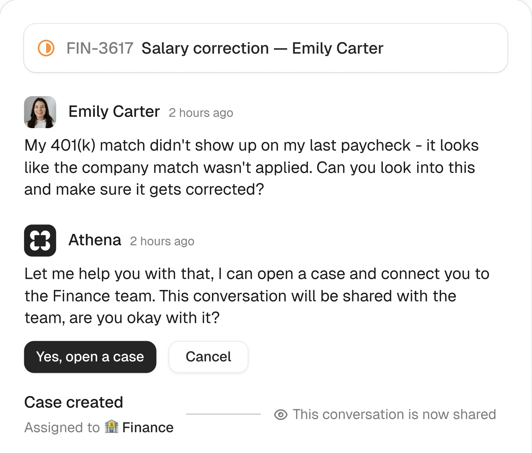 Case view showing a salary correction routed to the Finance team